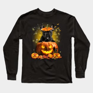 Black French Bulldog  Spooky Halloween Pumpkin Dog Head Long Sleeve T-Shirt